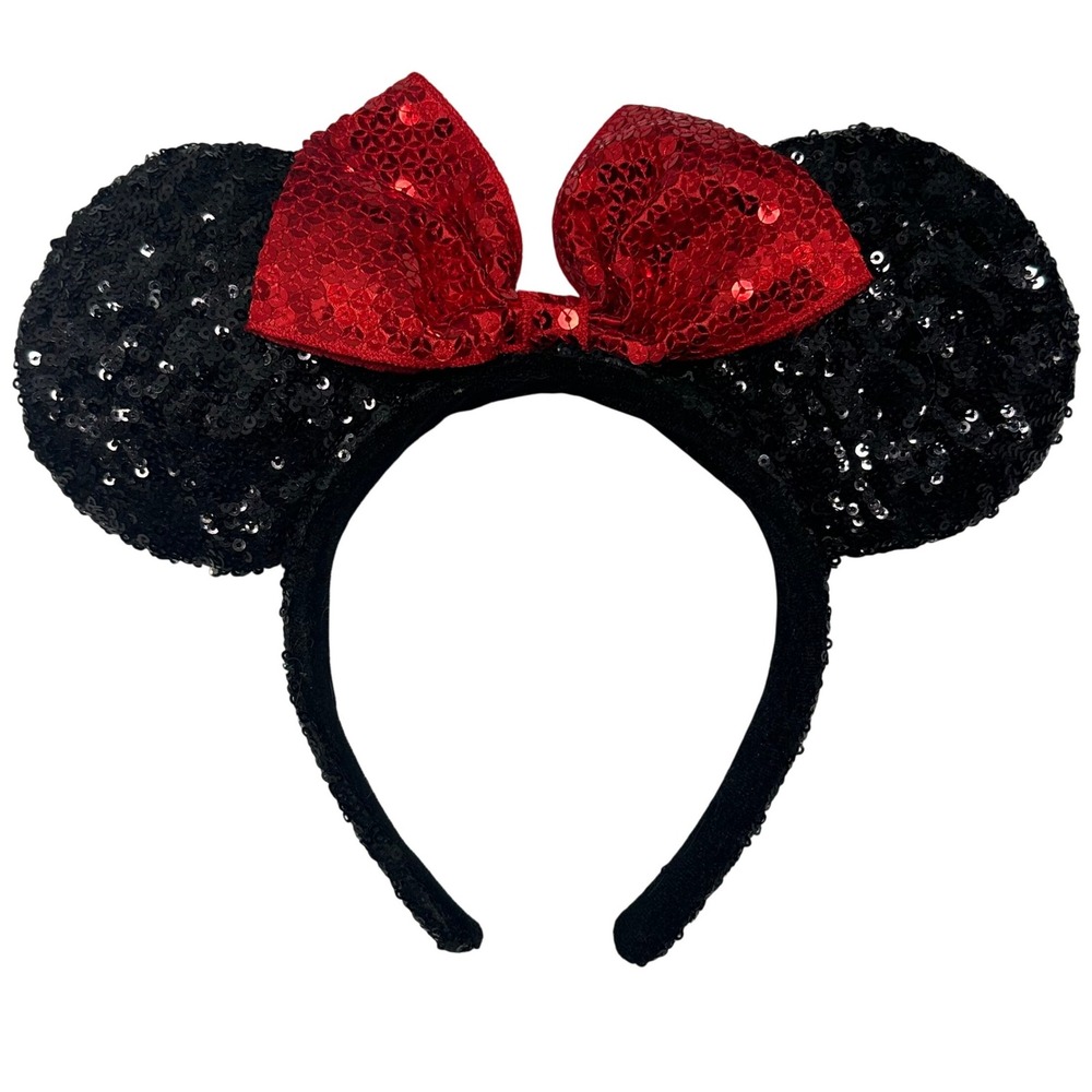 Disney Minnie Mouse Sequin Ears Headband Black‎ with Red Sequin Bow Accessory